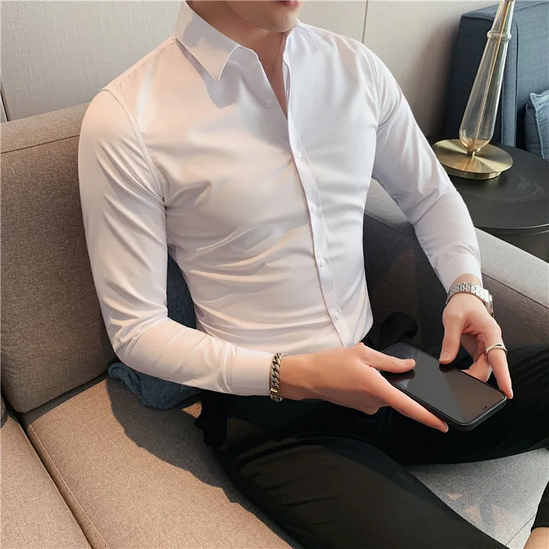 Plus Size S-7XL Men Dress Shirt Autumn Long Sleeve Solid Business Slim Shirt Homme Social Casual