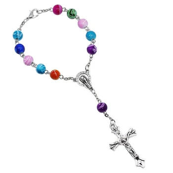 

Acrylic Colorful Beads Cross Pendant Bracelet Jesus Religious Catholic Charm Bracelet Rosary Jewelry Gift