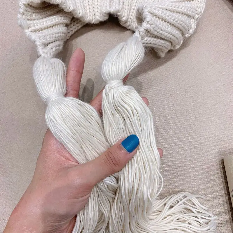 Womens Handmade Knitted Hood Hat with Braided Long Tassels Ethnic Vintage Solid Color Winter Warm Earflap Slouchy Beanie Cap