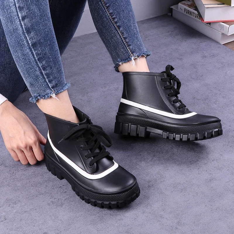 Rouroliu Ankle Rain Boots Women Hot Fashion Waterproof PVC Shoes Non-Slip Work Water Boots Lace-up Rain Boots