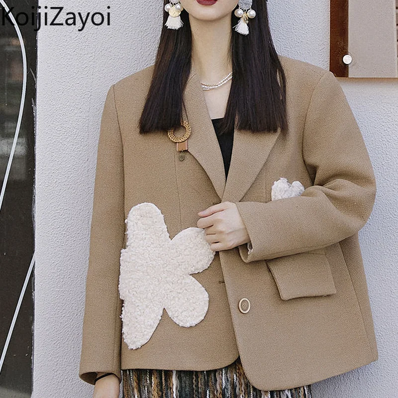 

Koijizayoi Fashion Woman Woolen Blends Flower Chic Korean Outwear Coat Solid Autumn Winter Thick Warm Jackets Elegant Blazers