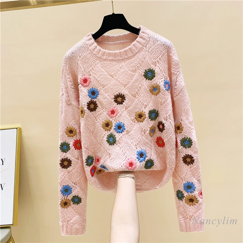 

2020 Autumn and Winter Vintage Embroidered Flower Crocheted Pullover Women's New Loose Sweater Knitwear
