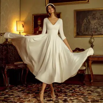 

Hot Spring And Autumn Women Elegant Retro White V-neck Three Quater Sleeve Pleated Big Swing Commute Casual Vintage Party Dress