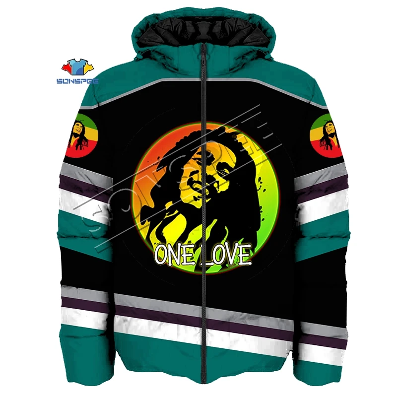 

SONSPEE new design winter 3D Print Down jacket men&women Rock Singer Reggae BOB Marley Down jacket Hip Hop high quality pullover