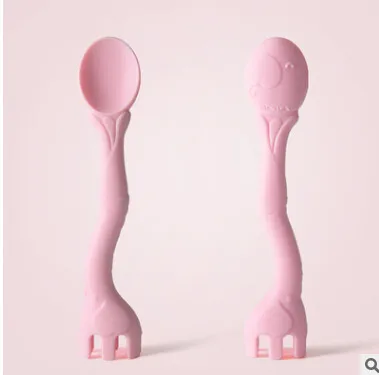 Pink Elephant Милые Животные Детская безопасная силиконовая ложка Вилка креативное Кормление столовые приборы игрушка для прорезывающихся зубов с героями мультфильмов - Цвет: Pink Elephant