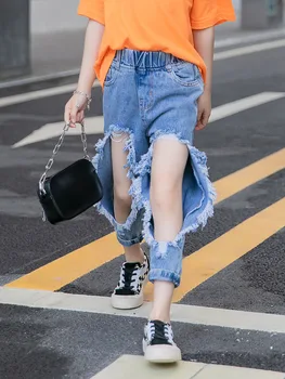 

2020 summer new children's clothing girls ripped jeans fashion cropped jeans pants