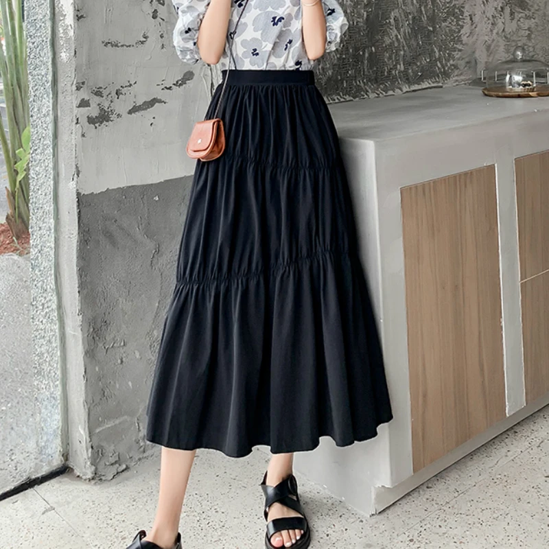 Faldas largas plisadas de algodón de costura Irregular de estilo coreano, faldas ajustadas de media pantorrilla, color negro/blanco sólido|Faldas| -