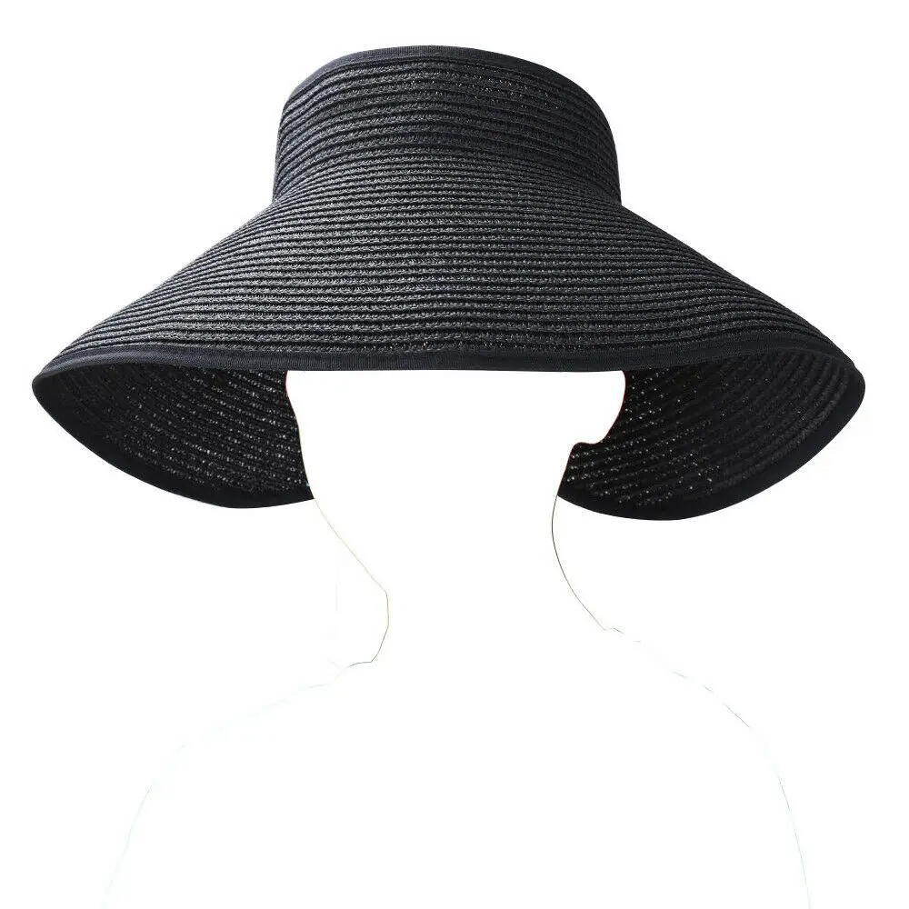 Женский солнцезащитный козырек рулонный складной женская летняя сумка для пляжа соломенный с широкими полями шляпа пляжные кепки - Цвет: Черный