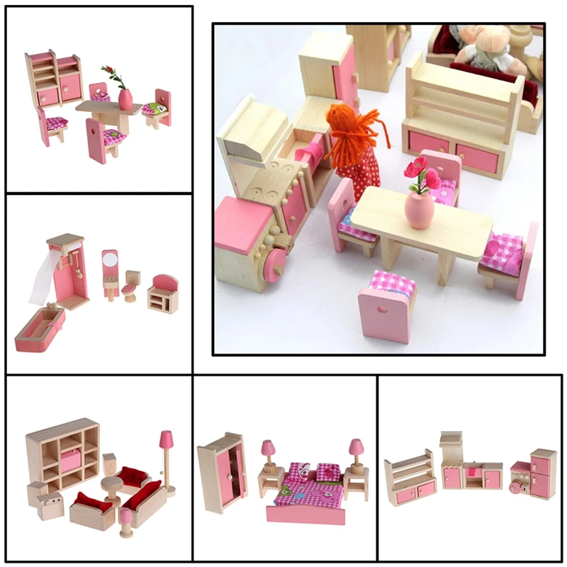 MIKI-Z Kid Muebles de Madera Casa de muñecas Miniatura Juego de 5 Habitaciones Muñeca 