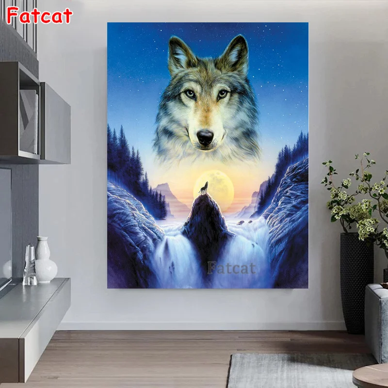Wolf 5D DIY diamond painting full square round waterfall animal embroidery gift kit mosaic stitch decor PP2451 | Дом и сад