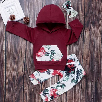 

TELOTUNY Children's clothing Kid Baby Girl Hooded Long Sleeve Print Sweater Tops tracksuit+Floral Pants+Hairband Outfit Set Jul3