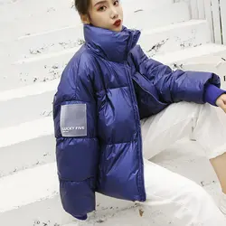 2019 осенне-зимняя модная теплая Толстая короткая куртка Женская Студенческая куртка с воротником-стойкой, блестящий пуховик, хлопковая