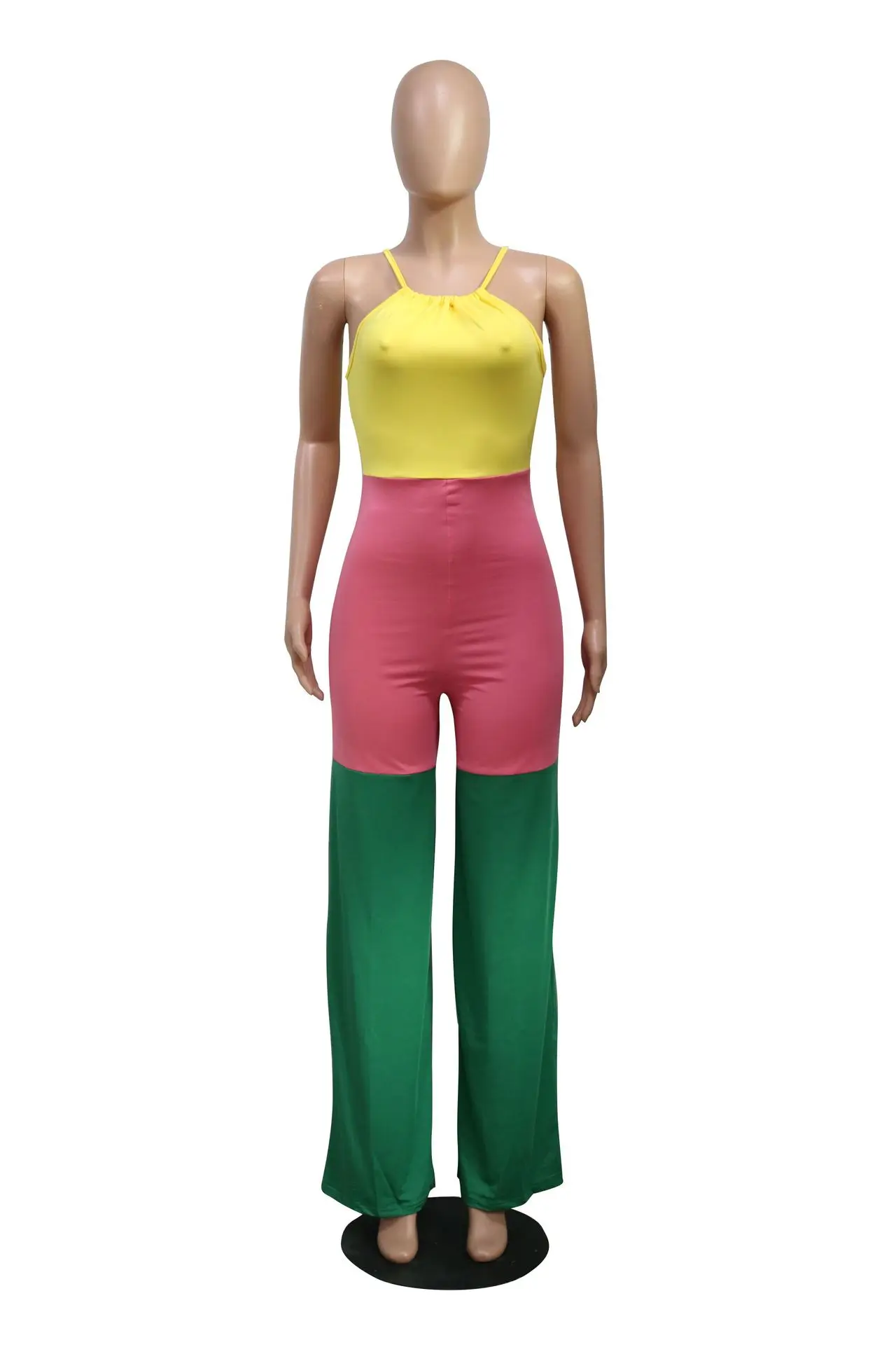 Модный повседневный трехцветный комбинезон с прострочкой; Лоскутные свободные длинные брюки; цвет желтый, зеленый, оранжевый; новое поступление