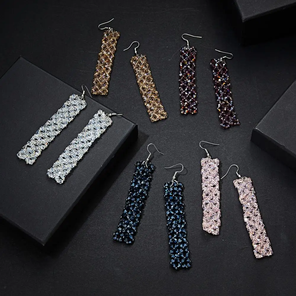 

Trendy Korean Style Geometric Rectangle Long Dangle Earrings Handmade Crystal Beaded Earring for Women Girls Statement Jewelry