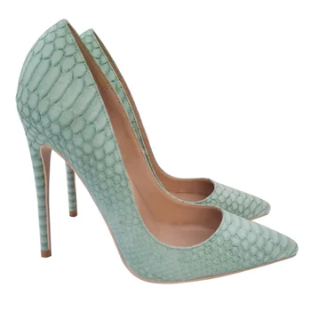 

2020 new mint green snake print pointed high heels shallow mouth 12cm stiletto all-match pointed single shoes small size