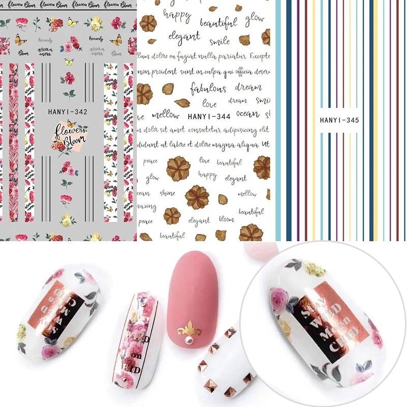 

1 Sheet 3D Nail Stickers Self-adhesive Stripe Shape Phrase Mixed Patterns Transfer Decals Nails Design Nail Art Decoration