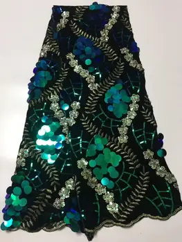

Green Color High Quality African Tulle Lace Fabric 2019 French Net Sequins And Beards 3d Lace Fabric for Wedding Dress
