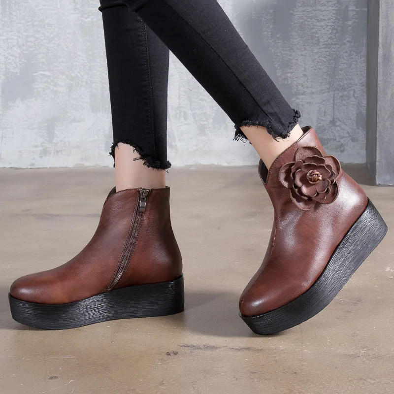 

Ethnic Group Wind Handmade Flowers Genuine Leather Female Thick Bottom Short Boot Side Zipper Boots Cowhide