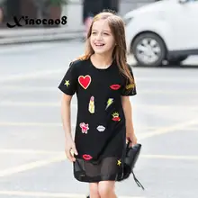 Девушки с коротким рукавом губы с узором в виде сердца; летнее платье без рукавов из дышащего материала Хлопковые платья для девочек детские черные Повседневное платье clothin 6-16 лет