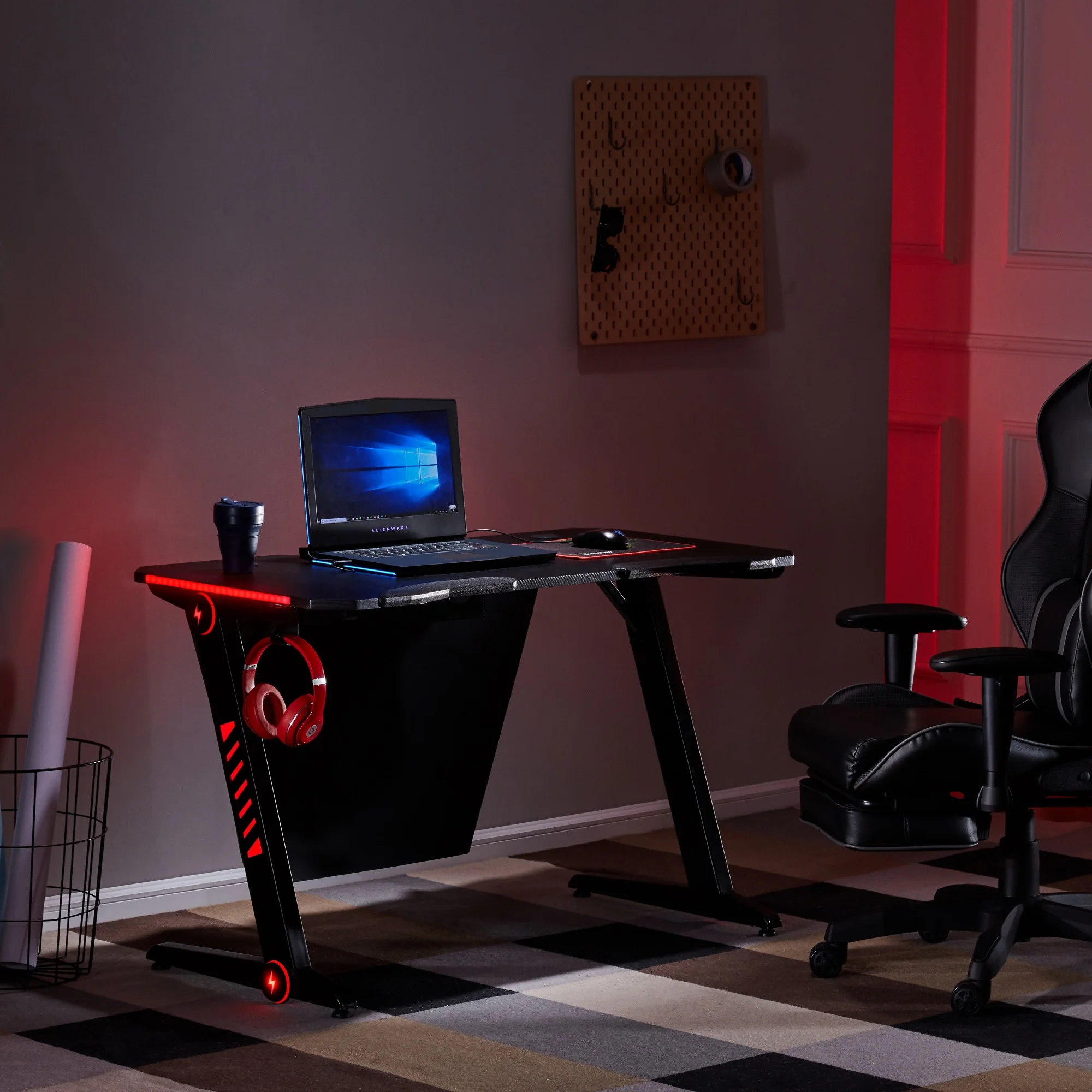 

Tribesigns Z-shaped office PC computer gaming table with LED light controller bracket cup holder headset hook, gaming table