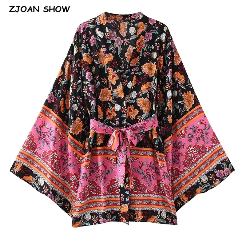 2021 Bohemian Women Colored Pink Flower Print Kimono Shirt Holiday Beach Tie Bow Sashes Mid Long Cardigan Blouse BOHO Tops high waist colored jeans y2k outfits 2021 ladies vintage straight streetwear wide legs summer yellow denim pants women trousers