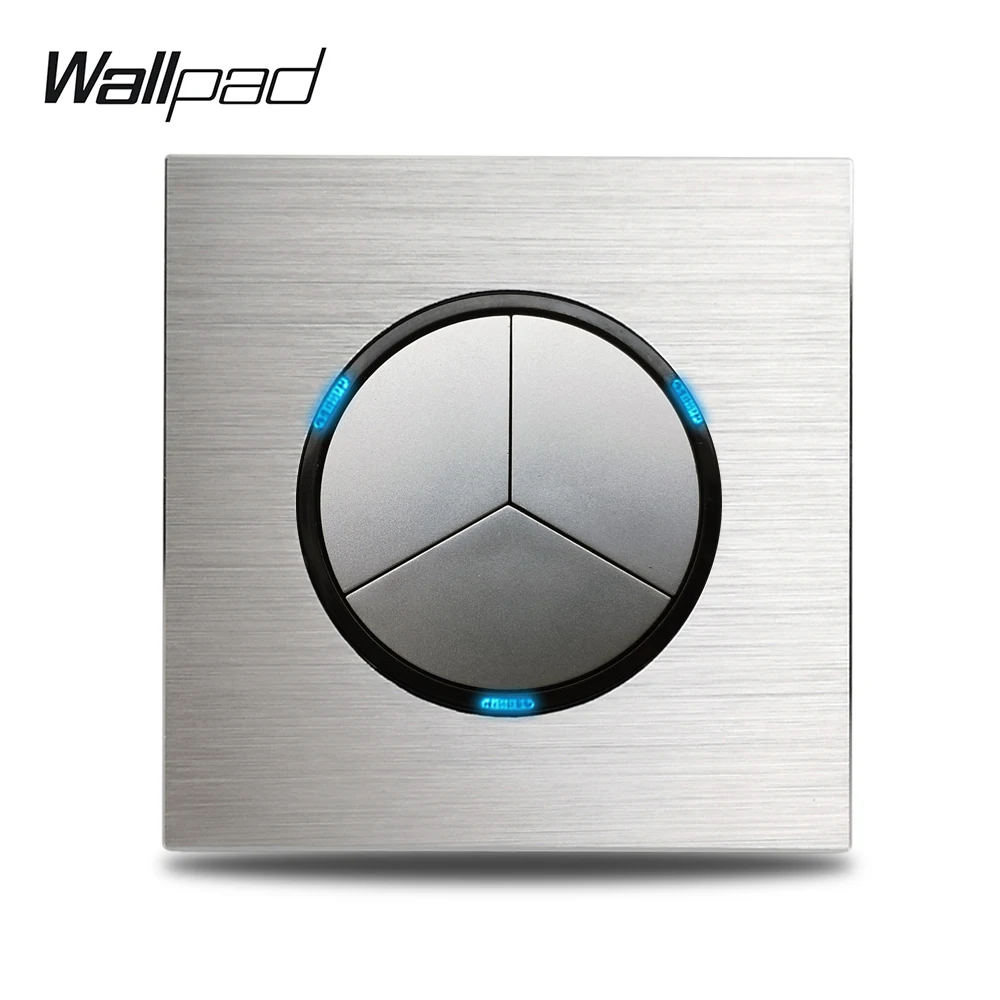 Wallpad L6 серый 3 комплекта, тройной светильник выключатель 1 способ 2 Way Серебряный Алюминий сплава пластины пуш-ап Кнопка возврата с синий светодиодный индикатор - Цвет: Grey Module