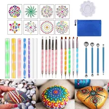 35 pièces bricolage pierre Mandala pointage outils pour peinture pierre de roche stylo gaufrage démarreur dessin pochoir modèle brosse plateau Kit