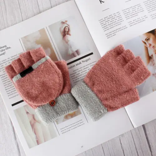 Pink Gray Зимние женские перчатки без пальцев мягкие теплые вязаные новые модные велосипедные перчатки - Цвет: Pink Gray