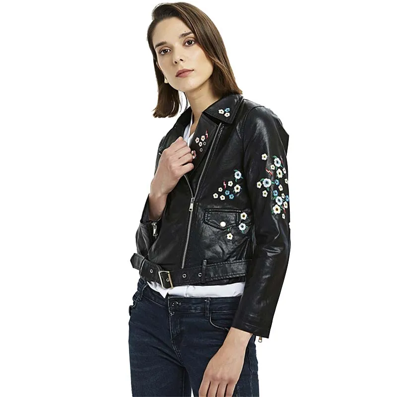 

Pink Blush Embroidered Floral Faux Leather Jacket for Women Ladies Black Embroidery Cropped PU Leather Jacket with Flower