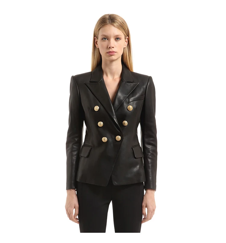 

Autumn Designer Lion Metal Button Woman Black PU Blazers Notched Long Sleeve Slim Waist Coats Office Lady Tops Plus Size