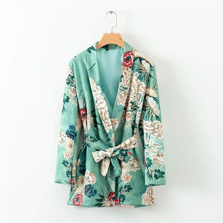 

2018 Europe And America Autumn New Style WOMEN'S Dress-Style Green Printing Lace-up Long Sleeve Suit Jacket