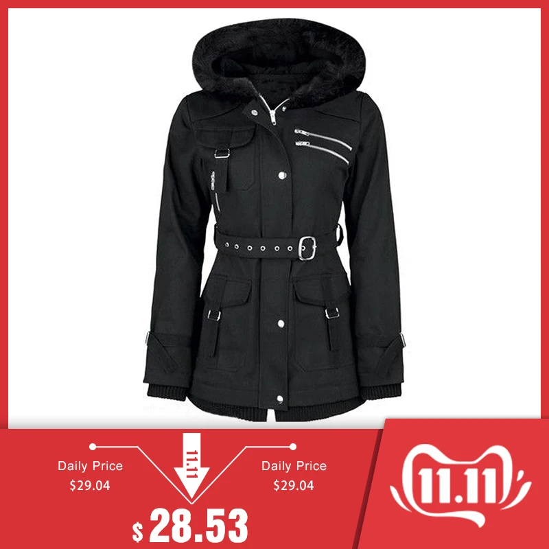 Online Rosetic Gothic Mantel Frauen Pailletten Niet Zipper Schwarz Jacken Einstellbare Taille Gürtel Langarm Beflockung Oberbekleidung Mäntel