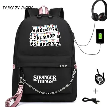 

New Teenager Girls Ribbons Backpack Stranger Things Canvas Backpack USB Charge Women Student Backpack Letters Print School Bags