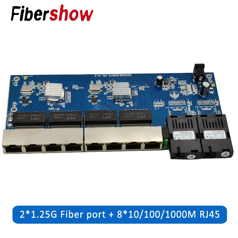 Гигабитный Ethernet коммутатор волоконно-оптический медиа конвертер PCBA 8 RJ45 UTP и 2 SC