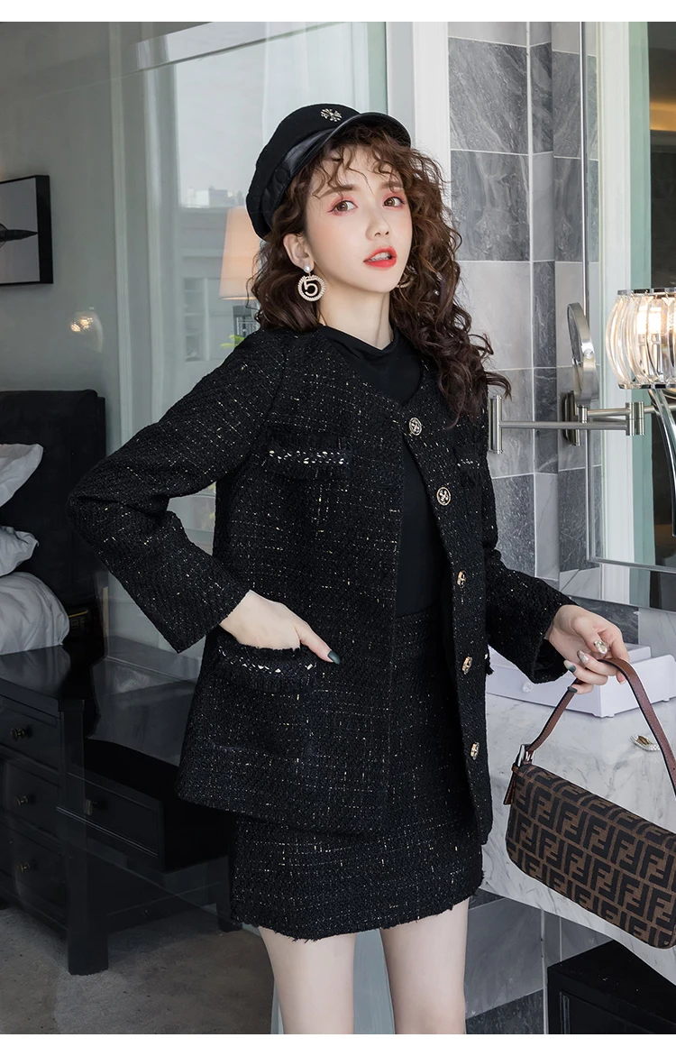 Black Tweed Blazer Skirt Two Piece Sets Autumn Winter New Ladies Tweed Jacket+ Skirt Coat Women Suits Clothes Wholesale