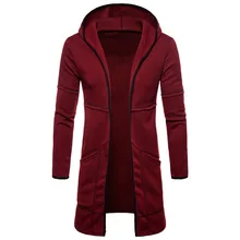 Мужское модное однотонное теплое пальто до колена с капюшоном и флисовой подкладкой, приталенное пальто, зимнее теплое пальто