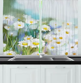 

Flower Kitchen Curtains Retro Inspired Chamomiles Bed with Old Fashion Vintage Growth Window Curtain for Kitchen Cafe Decor