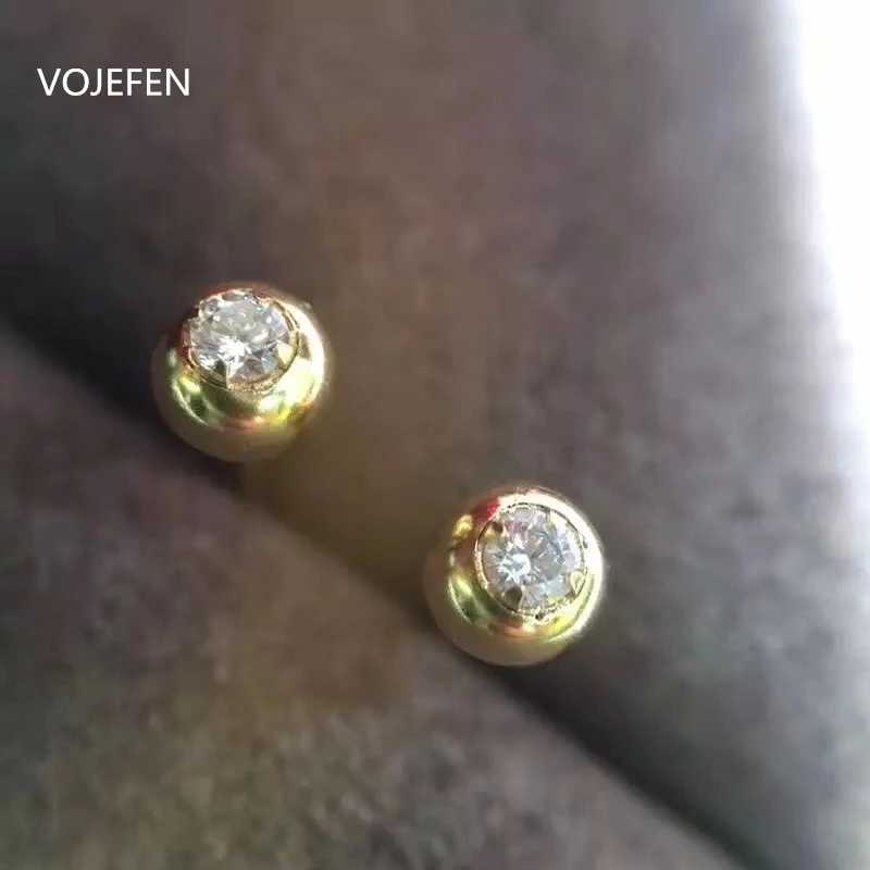 VOJEFEN милые серьги-гвоздики циркония шпильки | 18K желтое золото мяч серьги-гвоздики с круглым кубическим цирконием