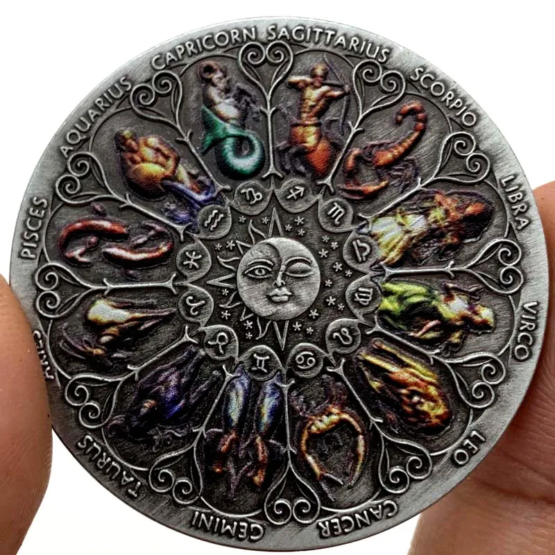 Hot Sale Twelve Constellation Sun God Moon Smiley Nickel Ancient Silver Commemorative Coin Gift Collection Love Coin Cancer Gold