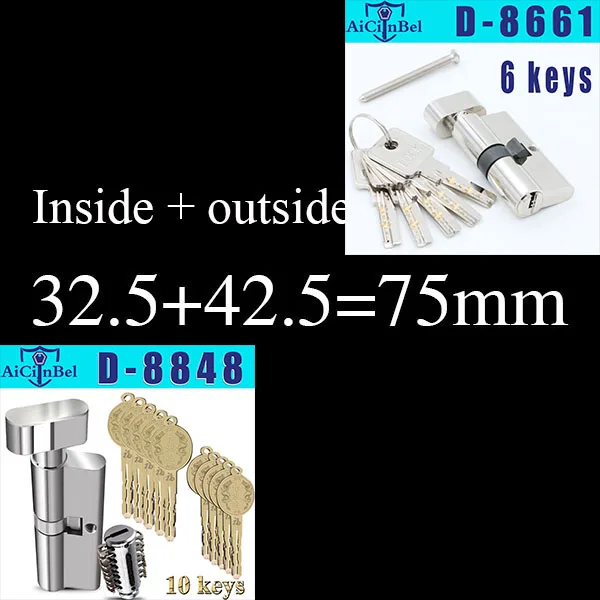 Европейский стандарт, дверной цилиндр, медный замок, цилиндр, внутренний, для спальни, гостиной, безопасная дверная ручка, латунный замок для ключей - Цвет: 75mm32.5add42.5