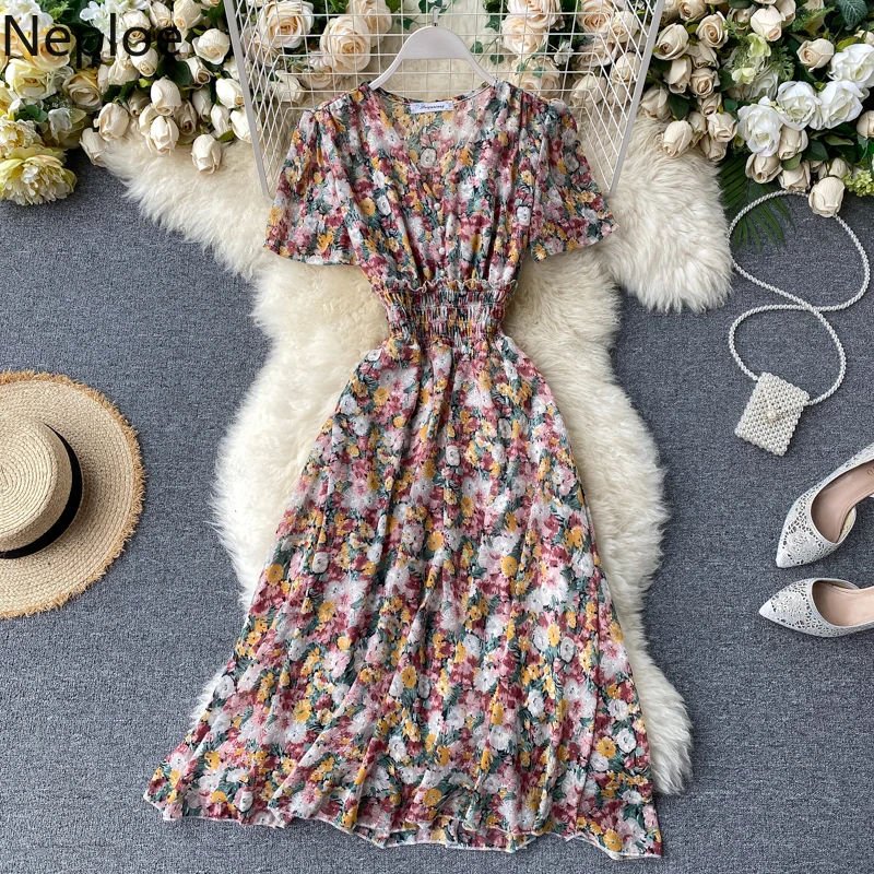 Женское платье с цветочным принтом Neploe модное элегантное v образным вырезом и