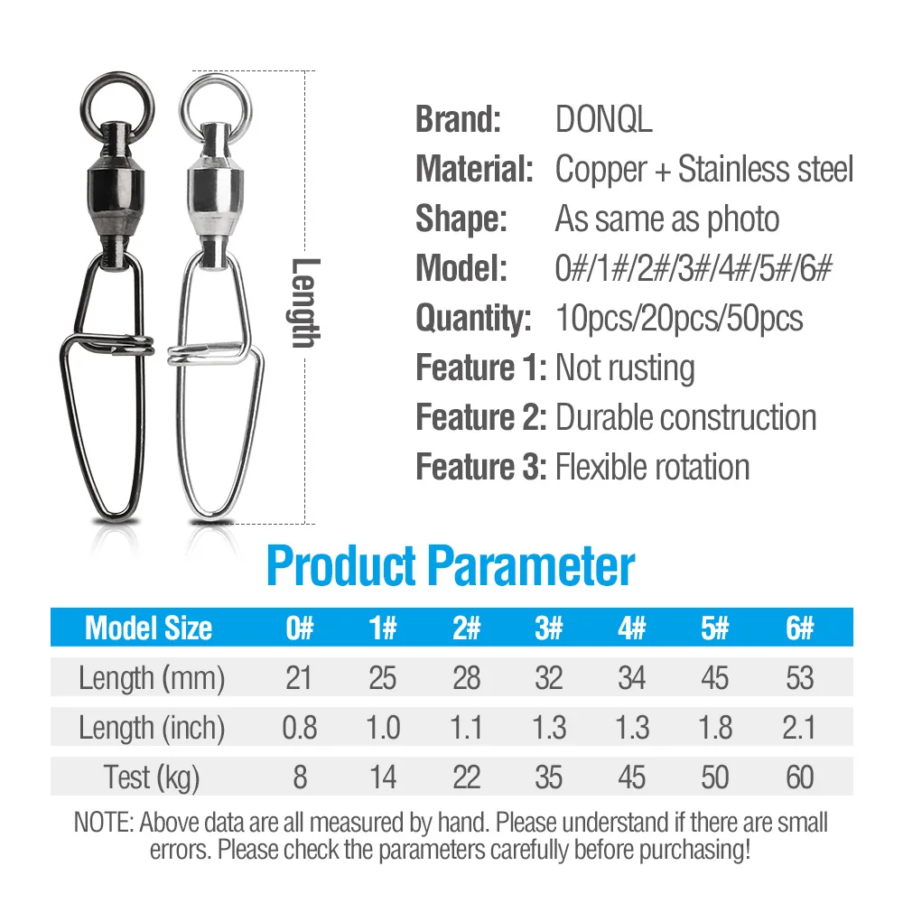 DONQL 102050Pcs Bearing Fishing Connector 0#-6# Swivels Snap Rolling Stainless Steel Fish Hook Connector Fishing Accessories主图01 (2)