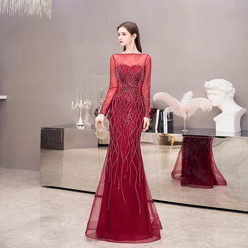 SSYFashion/Новое высококачественное бордовое вечернее платье русалки, роскошное вечернее платье с длинным рукавом, с блестками, с бисером, длина до пола, вечерние платья для выпускного вечера