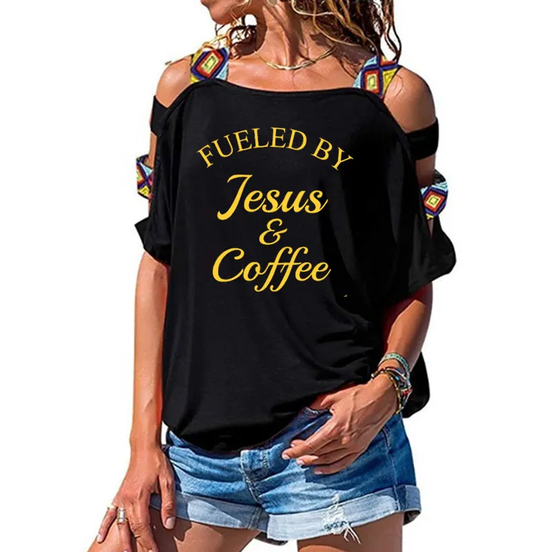 3 Fueled By Jesus& coffee Футболка женская Религиозная Христианская женская футболка с вырезами на плечах Мотивационная Библейская стих церковная футболка - Цвет: 3