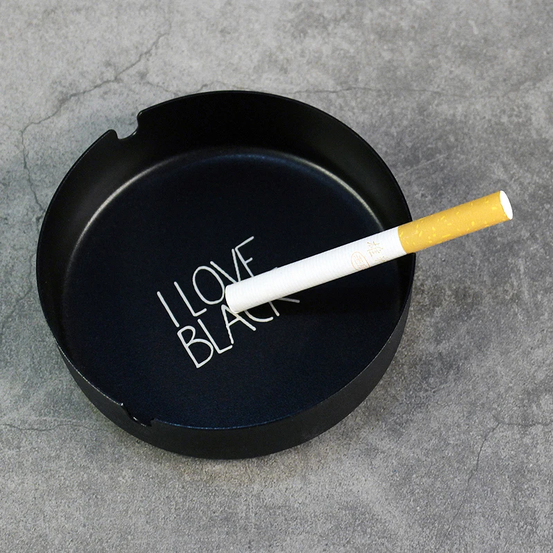 Black Matte Frosted Creative Round Metal Stainless Steel Ashtray For Bar Restaurant Made Laser Engraving Lettering