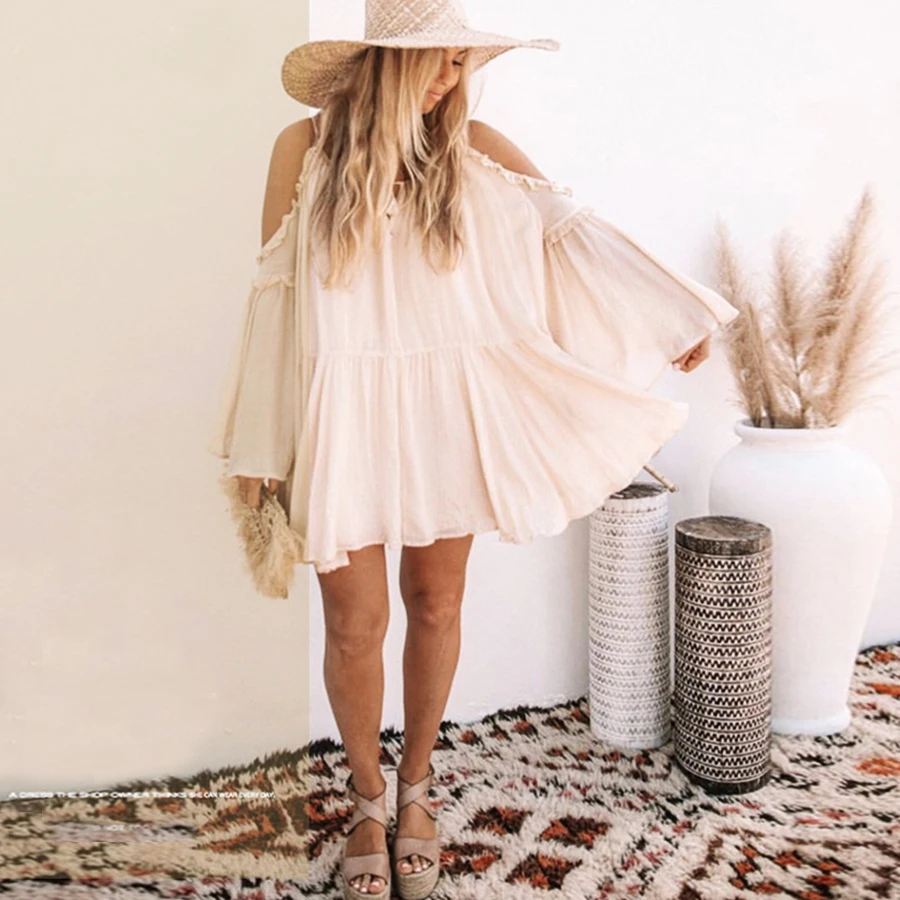 TEELYNN boho Cold shoulder mini dress beige Solid Flare Sleeve ruffles summer dresses beach casual loose vestidos women | Женская одежда