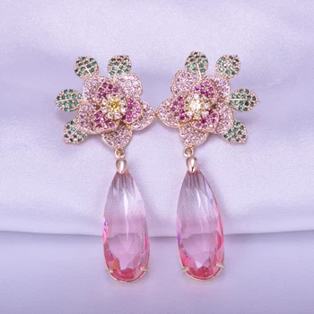 

2020 Luxury Multicolor Flower Drop Earrings Gradient Pink Tourmaline CZ Earrings Banquet Evening Dress Earrings VERY GIRL