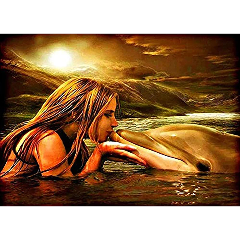 DIY Oil Painting by Girl and dolphin Pictures Gift Kits HandPainted Landscape Decoration Art Drawing number | Дом и сад