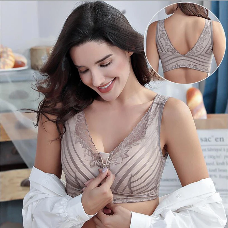 

Sexy Women's Beauty Back Wire Free Lace Bra Front Clourse Zipper Bra Push Up Breathable Female Underwear M L XL