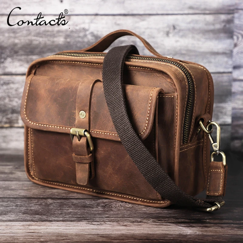 Crazy Horse Leather Messenger Bag Men Shoulder Bag Retro Crossbody Bag  Casual Satchel